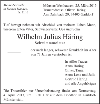 Traueranzeige von Wilhelm Julius Häring von Schwäbische Post
