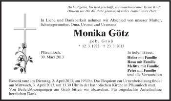 Traueranzeige von Monika Götz von Schwäbische Post