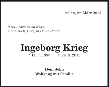 Traueranzeige von Ingeborg Krieg von Schwäbische Post