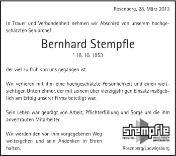 Traueranzeige von Bernhard Stempfle von Schwäbische Post