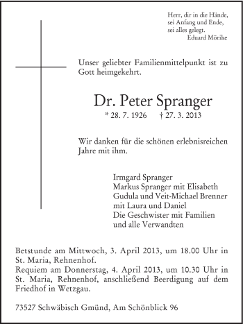 Traueranzeige von Peter Dr. Spranger von Gmünder Tagespost