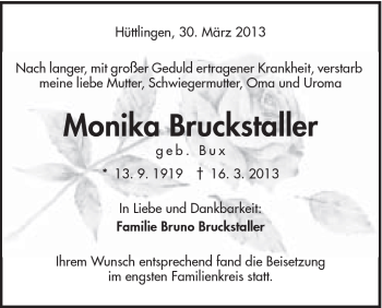 Traueranzeige von Monika Bruckstaller von Schwäbische Post
