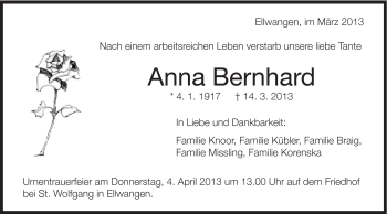 Traueranzeige von Anna Bernhard von Schwäbische Post