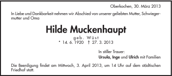 Traueranzeige von Hilde Muckenhaupt von Schwäbische Post