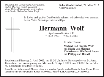 Traueranzeige von Hermann Wolf von Gmünder Tagespost