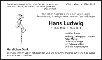 Traueranzeige von Hans Ludwig von Schwäbische Post