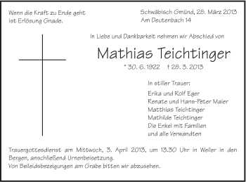 Traueranzeige von Mathias Teichtinger von Gmünder Tagespost