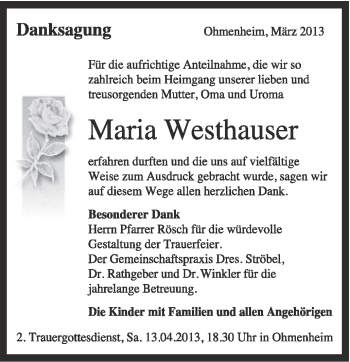 Traueranzeige von Maria Westhauser von Schwäbische Post