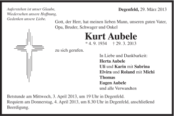 Traueranzeige von Kurt Aubele von Gmünder Tagespost