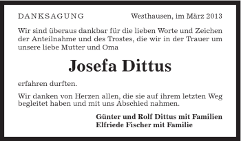 Traueranzeige von Josefa Dittus von Schwäbische Post
