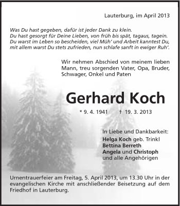 Traueranzeige von Gerhard Koch von 020