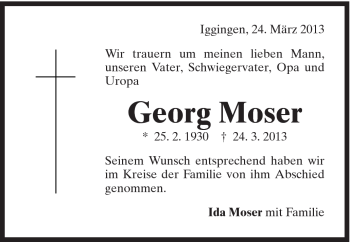 Traueranzeige von Georg Moser von Gmünder Tagespost