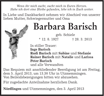 Traueranzeige von Barbara Barisch von Schwäbische Post