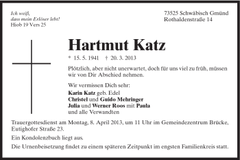 Traueranzeige von Hartmut Katz von Gmünder Tagespost