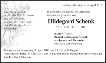 Traueranzeige von Hildegard Schenk von Schwäbische Post