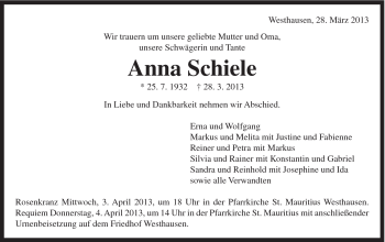 Traueranzeige von Anna Schiele von Schwäbische Post