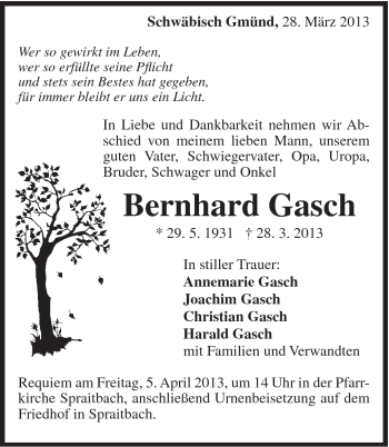 Traueranzeige von Bernhard Gasch von Gmünder Tagespost