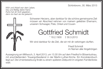 Traueranzeige von Gottfried Schmidt von Schwäbische Post