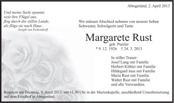 Traueranzeige von Margarete Rust von Schwäbische Post