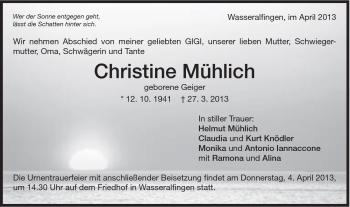 Traueranzeige von Christine Mühlich von Schwäbische Post