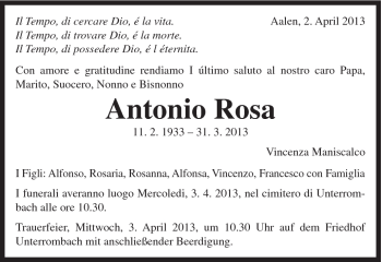 Traueranzeige von Antonio Rosa von Schwäbische Post