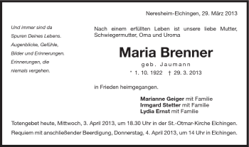 Traueranzeige von Maria Brenner von Schwäbische Post