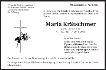 Traueranzeige von Maria Krätschmer von Schwäbische Post