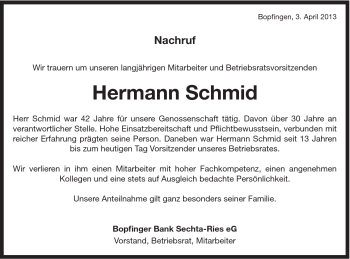 Traueranzeige von Hermann Schmid von Schwäbische Post