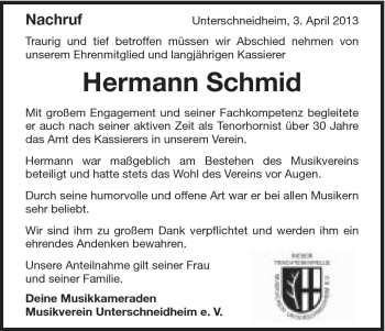 Traueranzeige von Hermann Schmid von Schwäbische Post