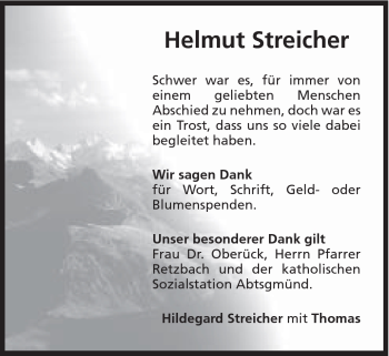Traueranzeige von Helmut Streicher von Schwäbische Post