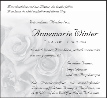 Traueranzeige von Annemarie Winter von Schwäbische Post