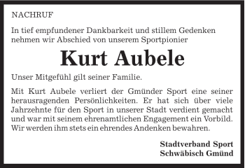 Traueranzeige von Kurt Aubele von Gmünder Tagespost