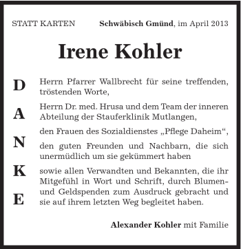 Traueranzeige von Irene Kohler von Gmünder Tagespost