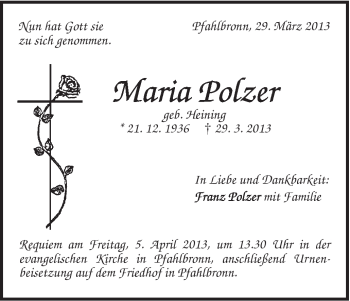 Traueranzeige von Maria Polzer von Gmünder Tagespost