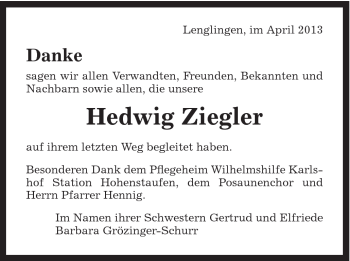 Traueranzeige von Hedwig Ziegler von Gmünder Tagespost