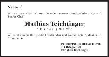 Traueranzeige von Mathias Teichtinger von Gmünder Tagespost