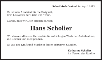 Traueranzeige von Hans Scholier von Gmünder Tagespost