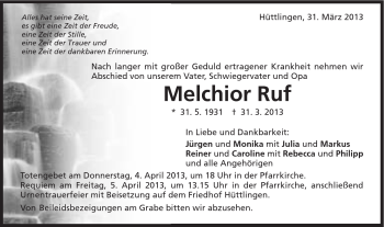 Traueranzeige von Melchior Ruf von Schwäbische Post