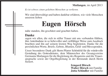 Traueranzeige von Eugen Hörsch von Gmünder Tagespost