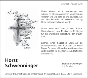 Traueranzeige von Horst Schwenninger von Schwäbische Post
