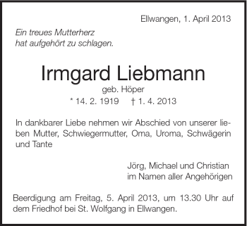 Traueranzeige von Irmgard Liebmann von Schwäbische Post
