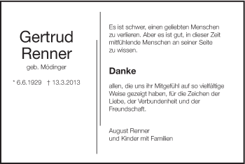 Traueranzeige von Gertrud Renner von Schwäbische Post