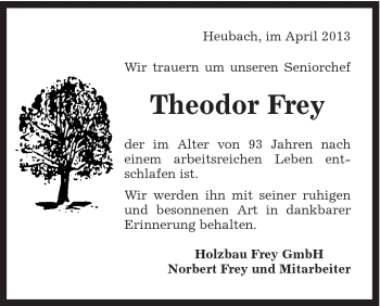 Traueranzeige von Theodor Frey von Gmünder Tagespost