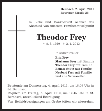 Traueranzeige von Theodor Frey von Gmünder Tagespost