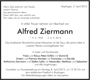 Traueranzeige von Alfred Ziermann von Schwäbische Post
