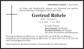 Traueranzeige von Gertrud Röhrle von Gmünder Tagespost