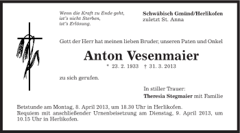 Traueranzeige von Anton Vesenmaier von Gmünder Tagespost