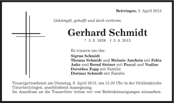 Traueranzeige von Gerhard Schmidt von Gmünder Tagespost