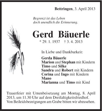 Traueranzeige von Gerd Bäuerle von Gmünder Tagespost