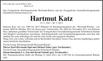 Traueranzeige von Hartmut Katz von Gmünder Tagespost